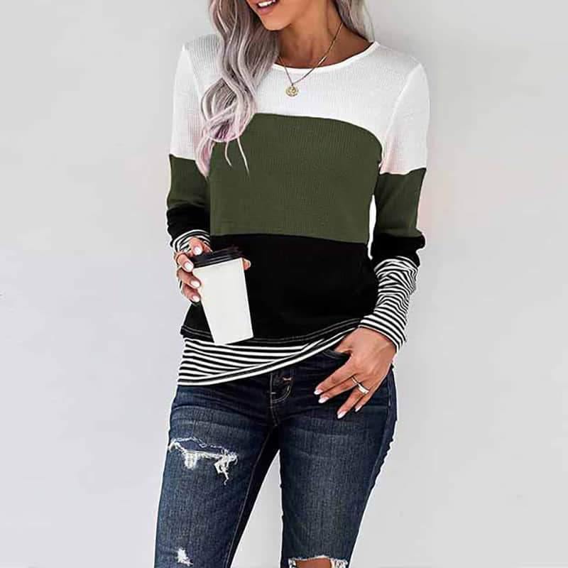 2021 stitching long-sleeved top casual T-shirt DarkOliveGreen / 2XL | IFAUN