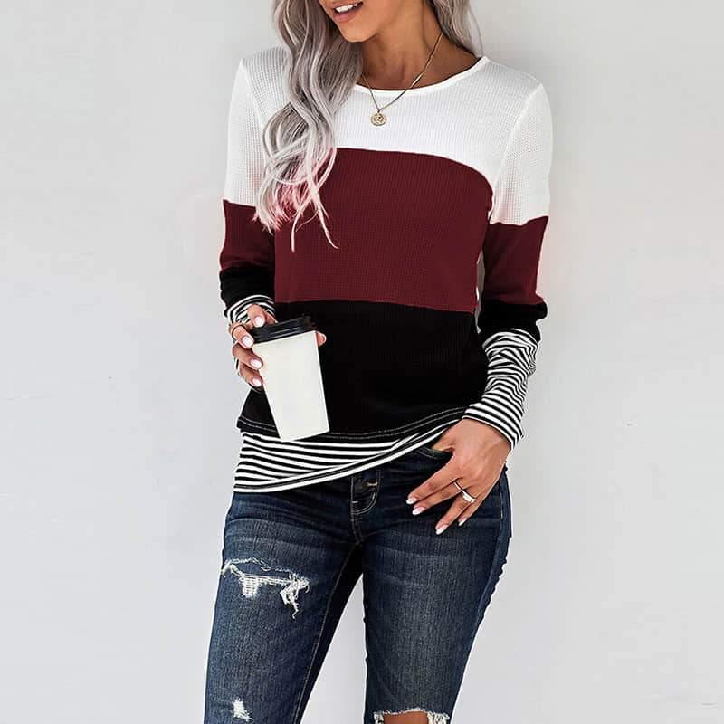 2021 Spring womens stitching long-sleeved top casual T-shirt  | IFAUN