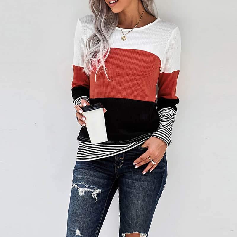 Spring womens stitching long-sleeved top casual T-shirt  | IFAUN