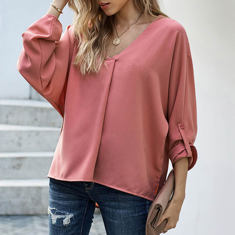 Women's solid color loose pullover shirt fashion top  | IFAUN