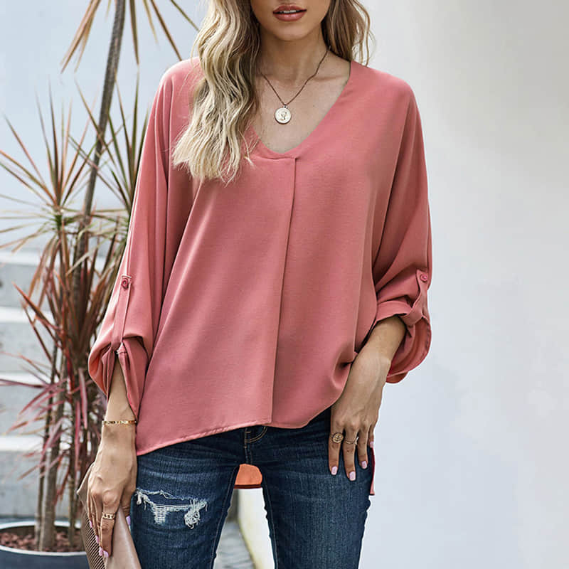 Women's solid color loose pullover shirt fashion top Pink / 2XL | IFAUN