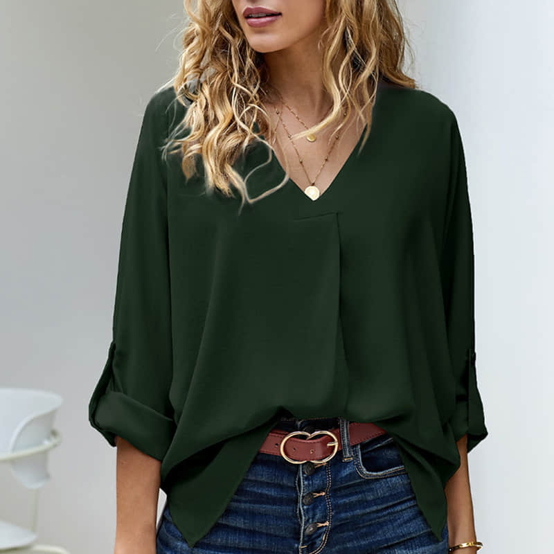Women's solid color loose pullover shirt fashion top DarkGreen / 2XL | IFAUN