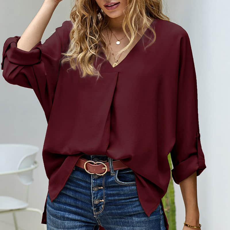 Women's solid color loose pullover shirt fashion top DarkRed / 2XL | IFAUN