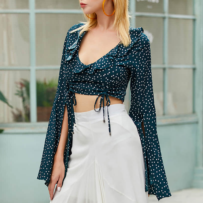 Fashion retro polka dot chiffon long sleeve top  | IFAUN