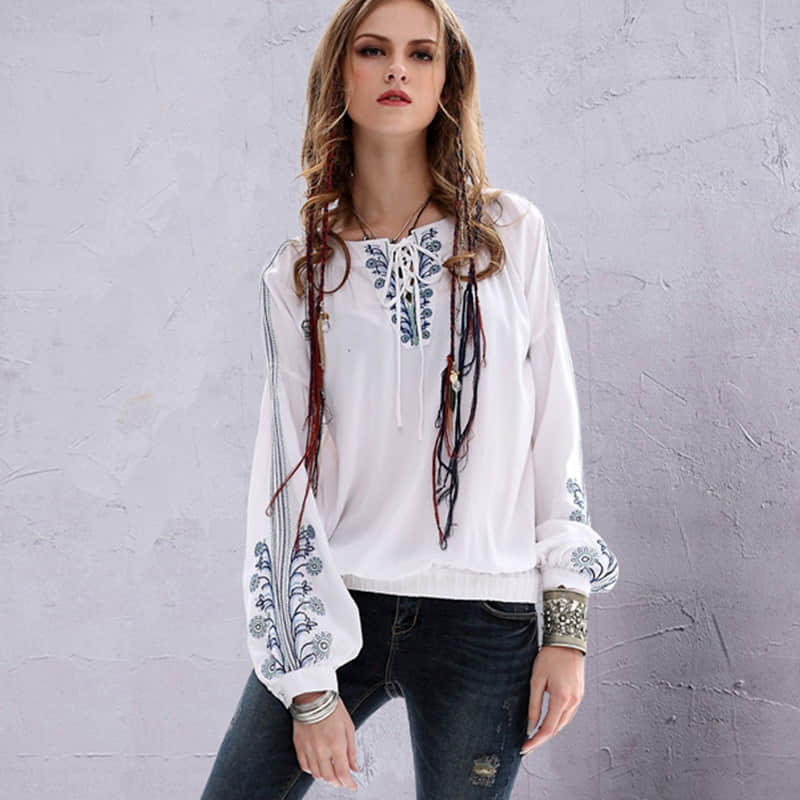 Half-open collar cotton and linen embroidered long-sleeved shirt  | IFAUN