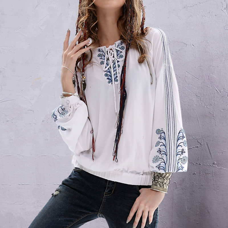 Half-open collar cotton and linen embroidered long-sleeved shirt  | IFAUN