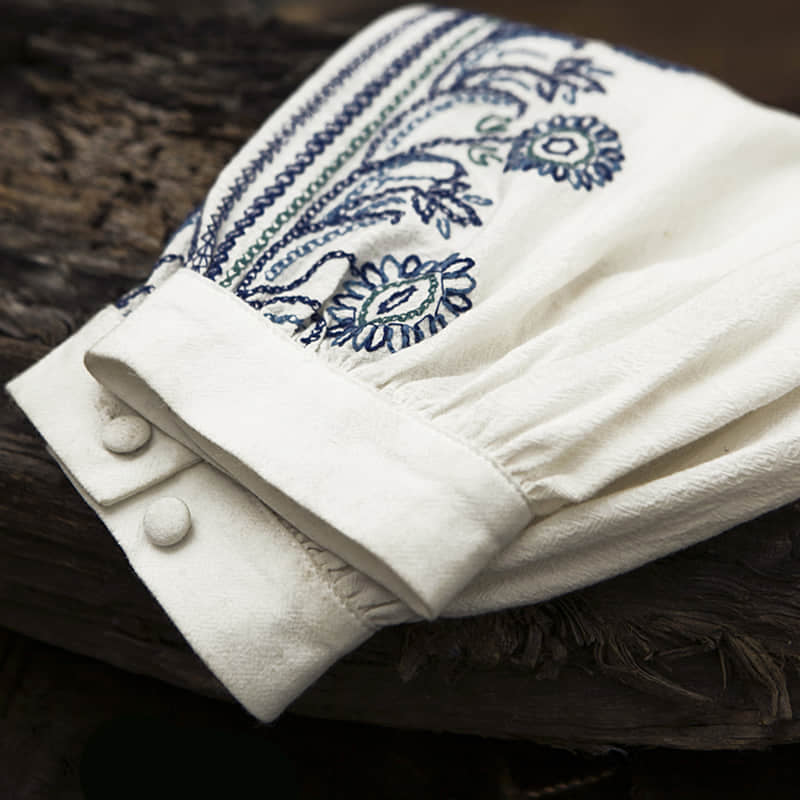 Half-open collar cotton and linen embroidered long-sleeved shirt  | IFAUN