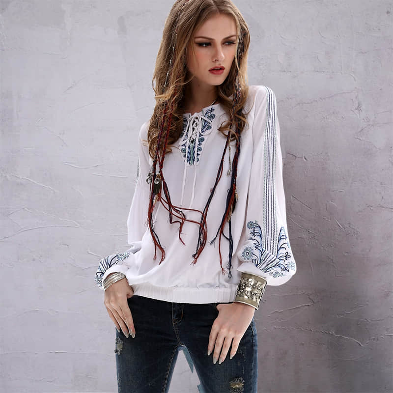 Half-open collar cotton and linen embroidered long-sleeved shirt One size | IFAUN