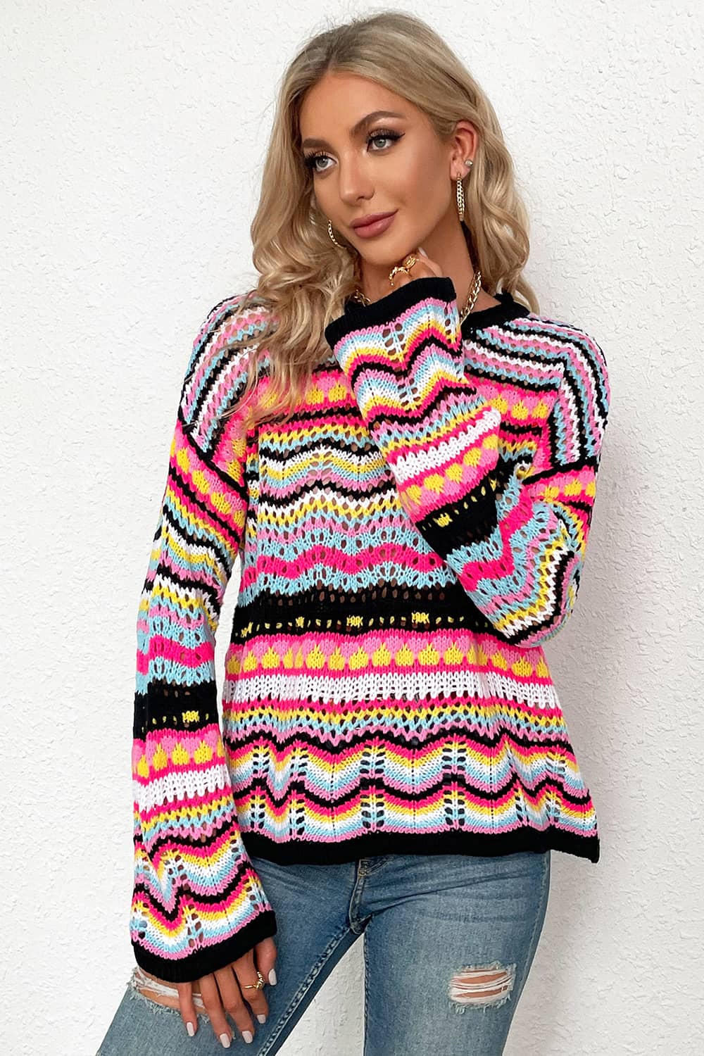 Round neck striped sweater for women