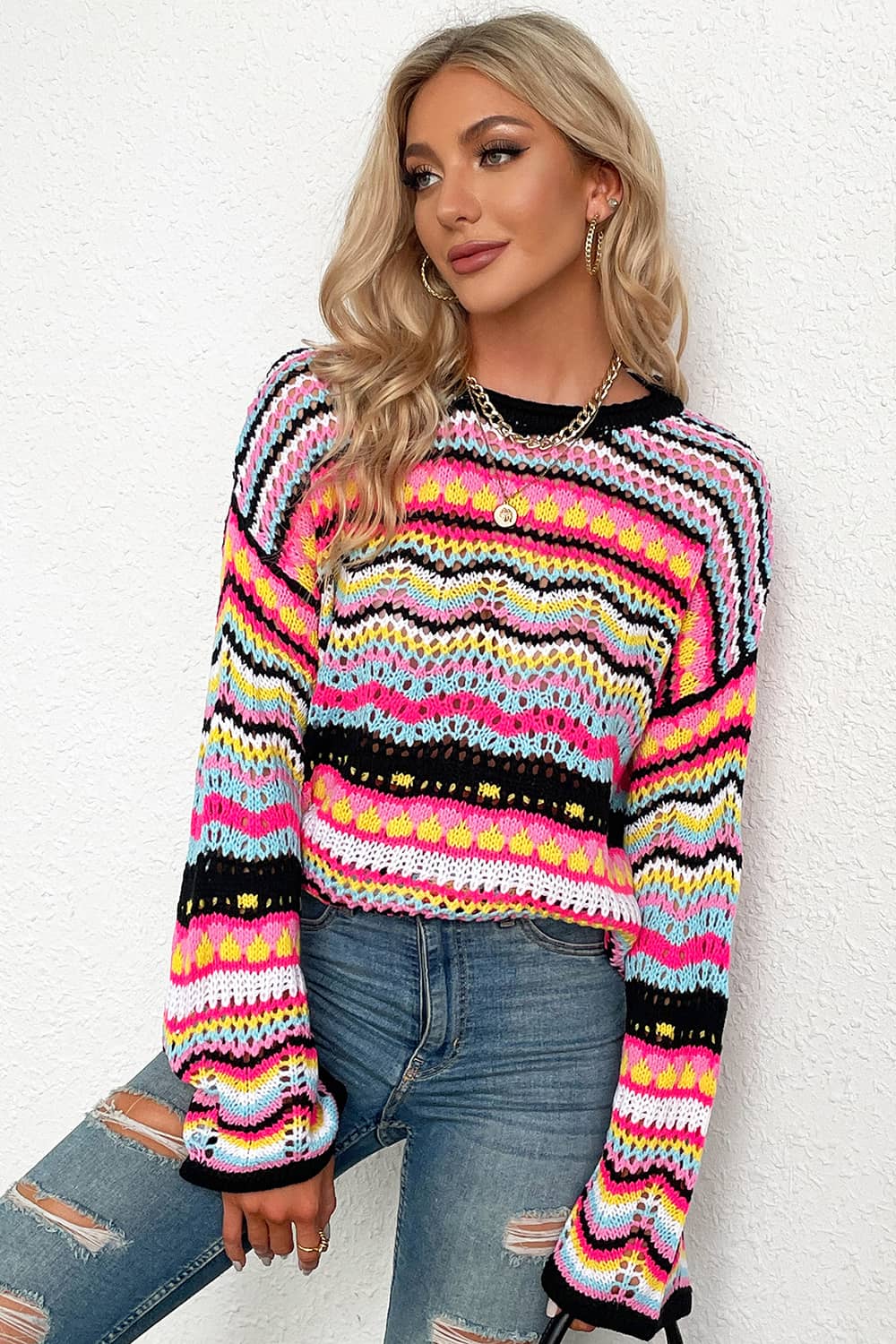 Round neck striped sweater for women