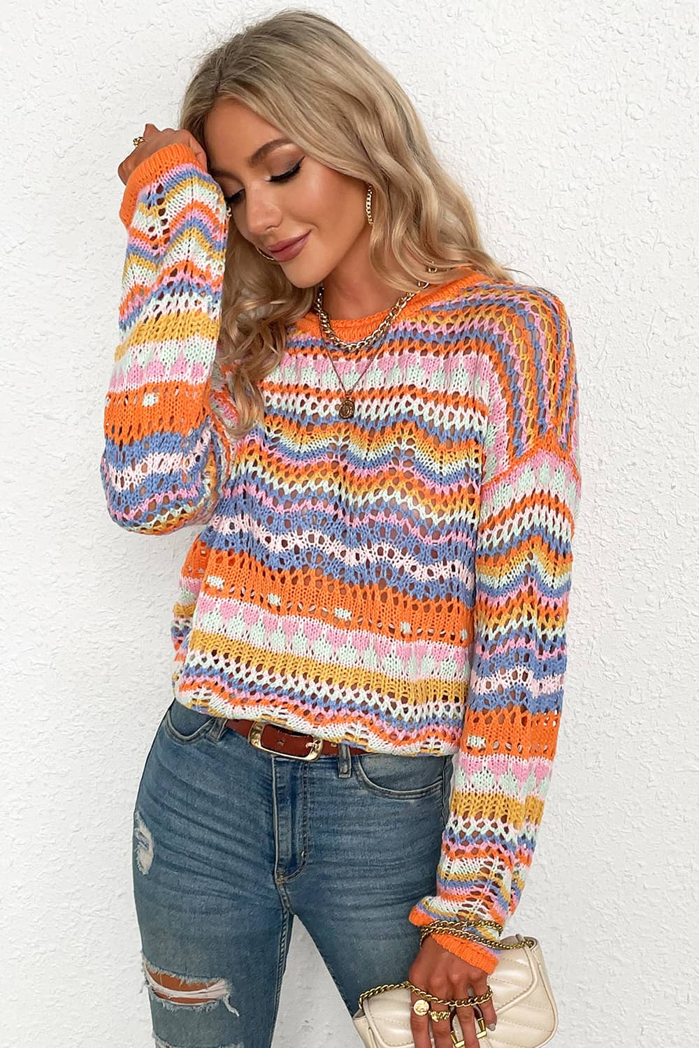 Round neck striped sweater for women