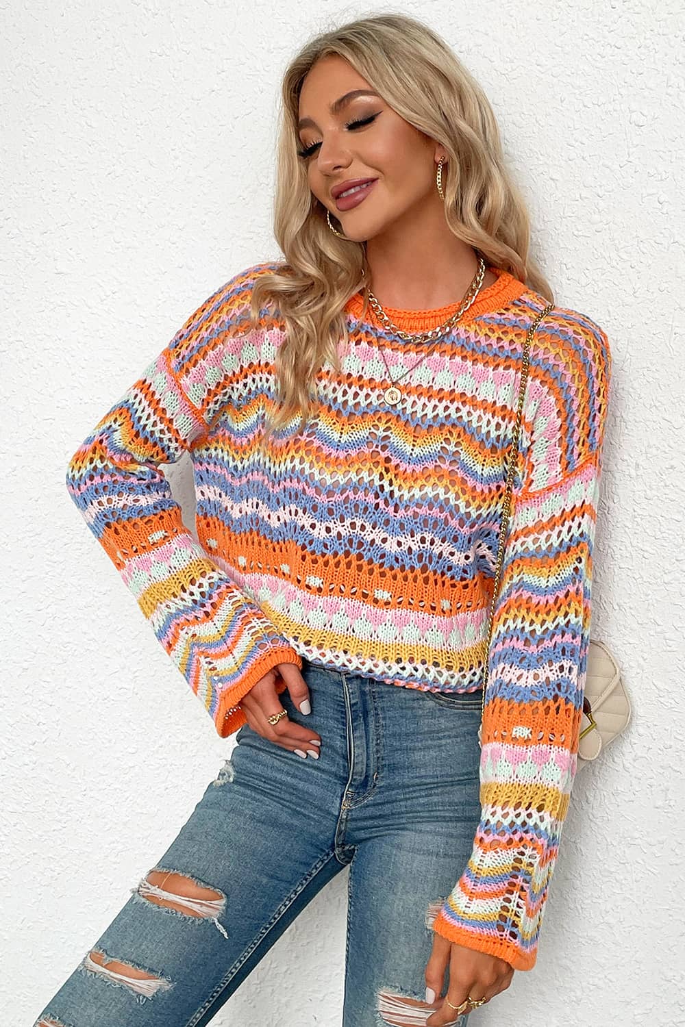 Round neck striped sweater for women