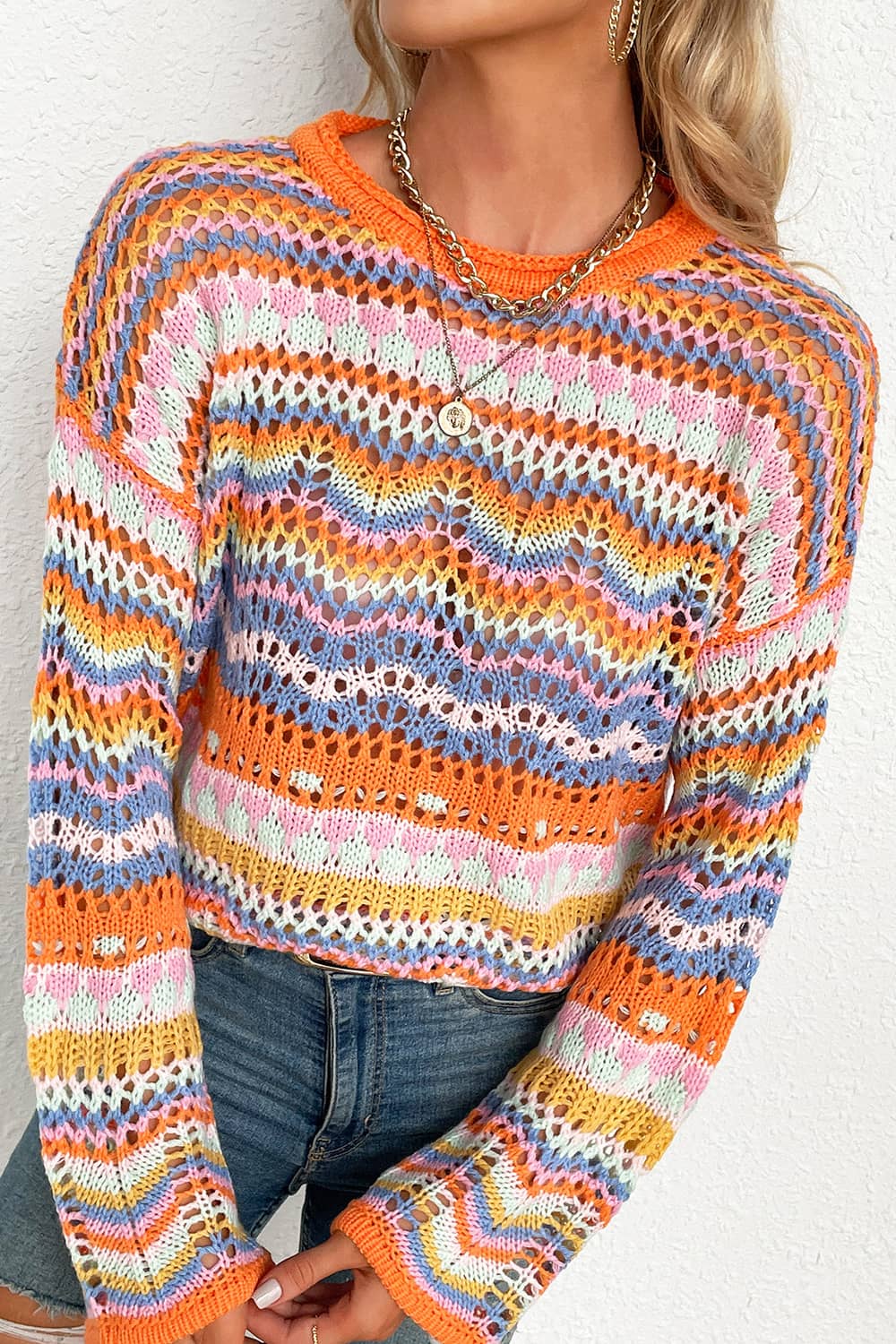 Round neck striped sweater for women