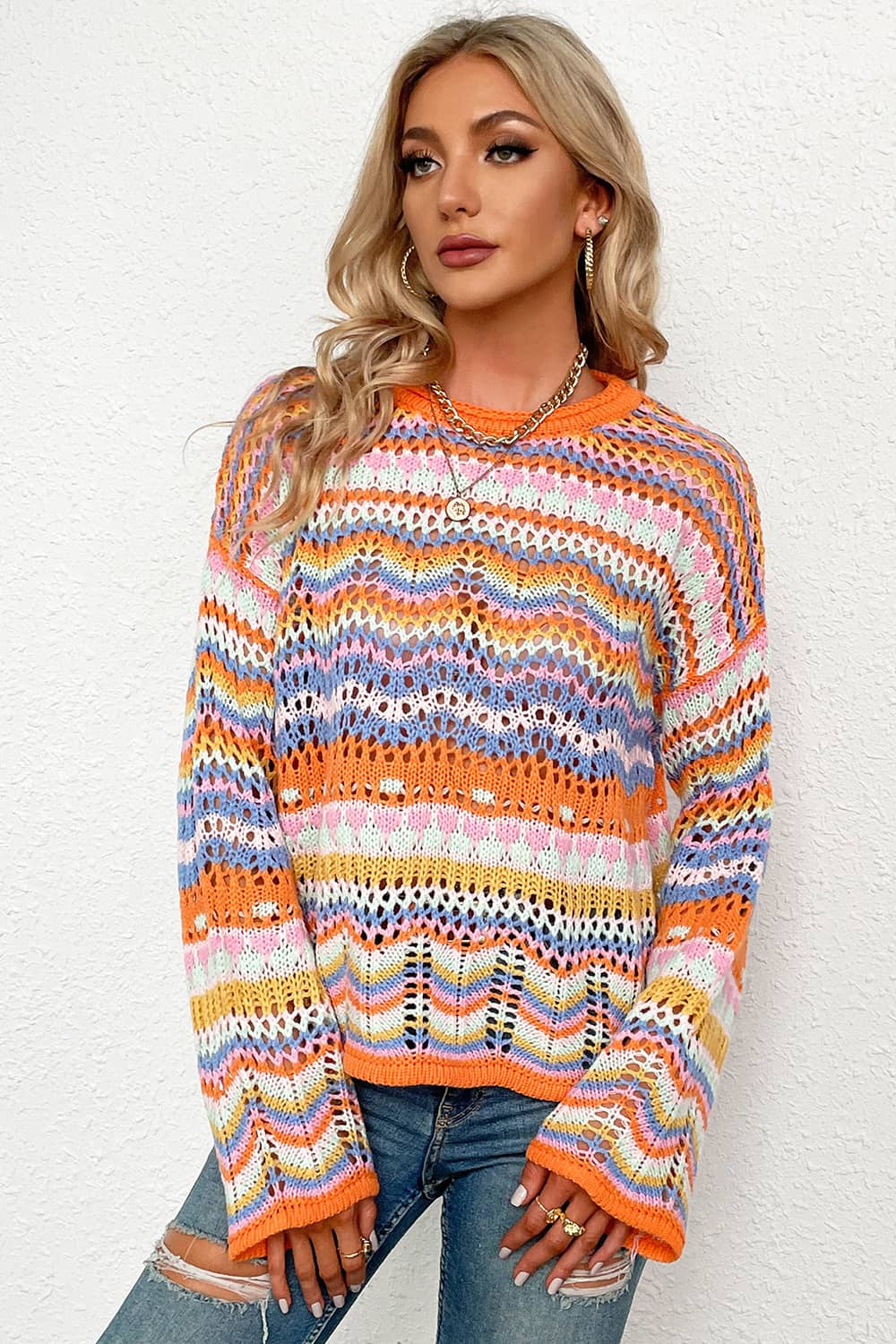 Round neck striped sweater for women