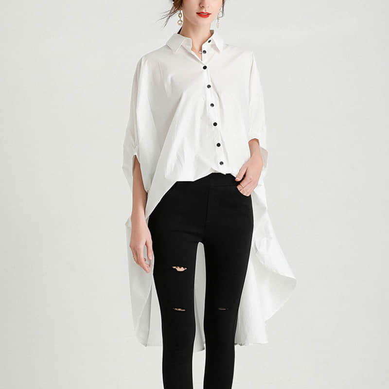 Fashion Lapel Shirt Women's Front Short Back Long Short Sleeve Top White / 2XL | IFAUN