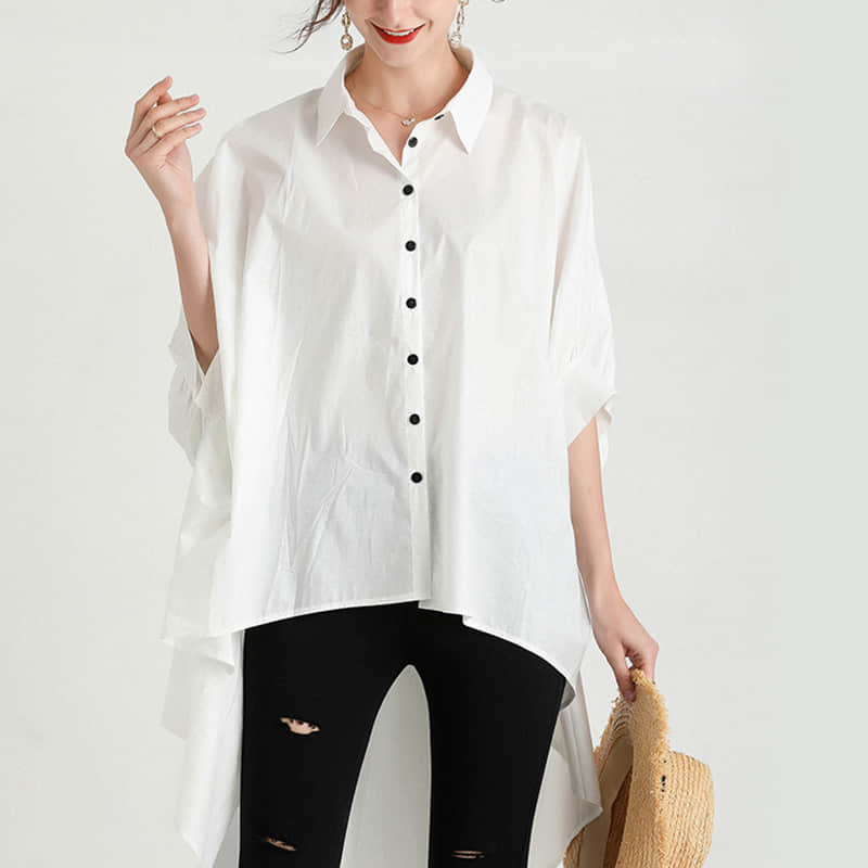 Fashion Lapel Shirt Women's Front Short Back Long Short Sleeve Top White / 3XL | IFAUN