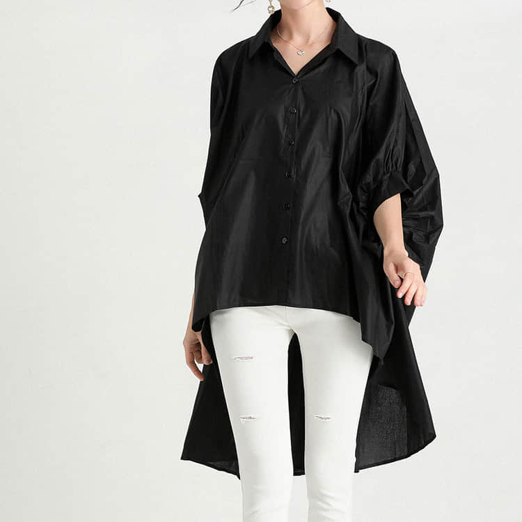 Fashion Lapel Shirt Women's Front Short Back Long Short Sleeve Top Black / 3XL | IFAUN
