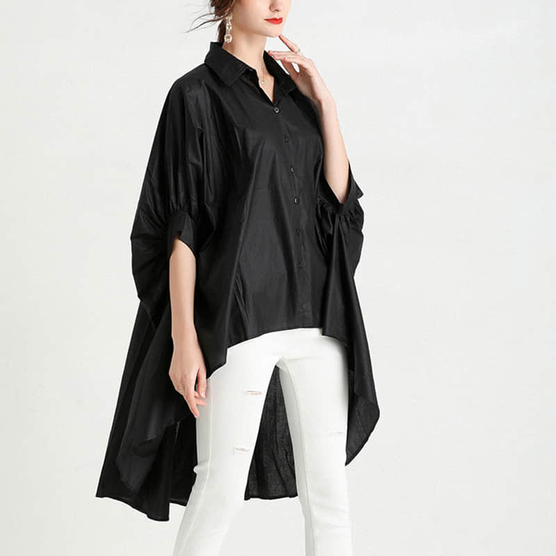 Fashion Lapel Shirt Women's Front Short Back Long Short Sleeve Top Black / 2XL | IFAUN
