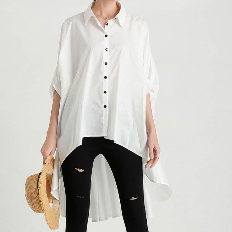 Fashion Lapel Shirt Women's Front Short Back Long Short Sleeve Top White / XL | IFAUN