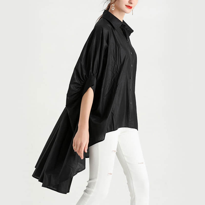Fashion Lapel Shirt Women's Front Short Back Long Short Sleeve Top Black / XL | IFAUN