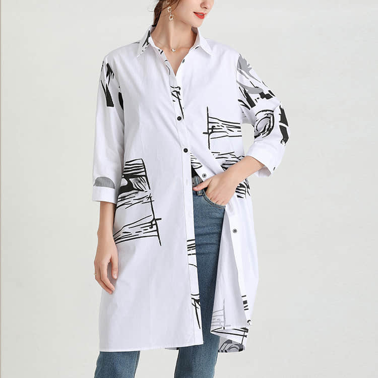 Women's new mid-length printed loose top White / One Size | IFAUN