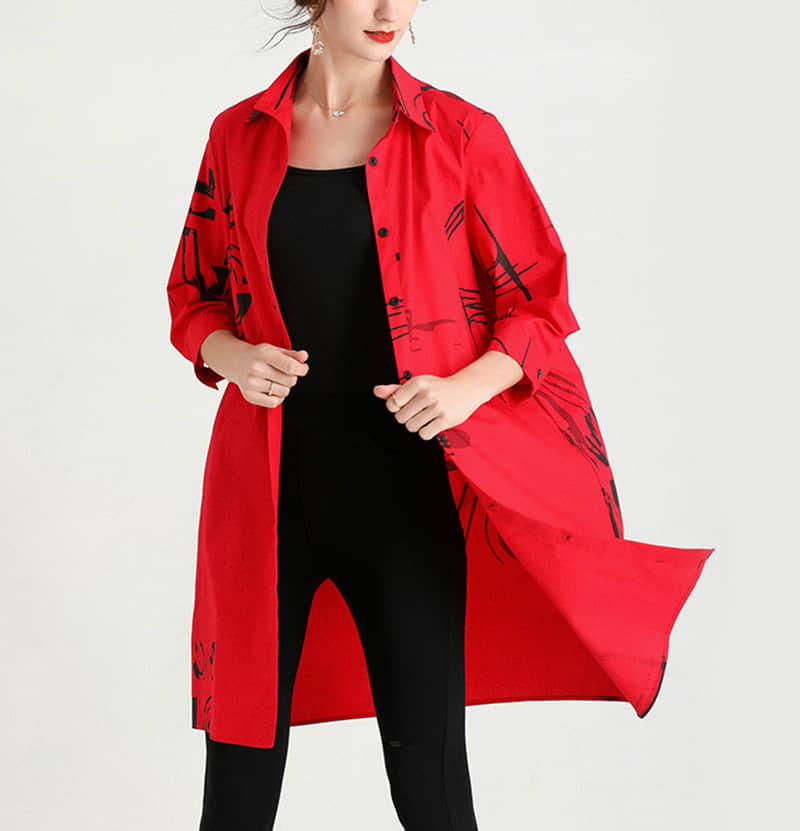 Women's new mid-length printed loose top Red / One Size | IFAUN