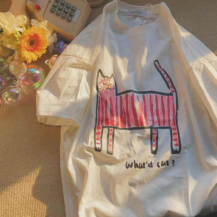 Kitty fun print short-sleeved loves T-shirt White / M | IFAUN