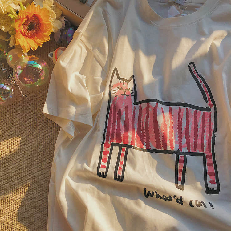 Kitty fun print short-sleeved loves T-shirt White / 2XL | IFAUN