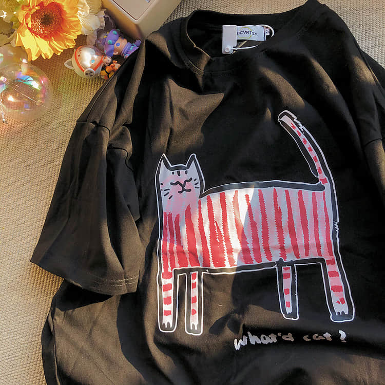 Kitty fun print short-sleeved loves T-shirt Black / 2XL | IFAUN