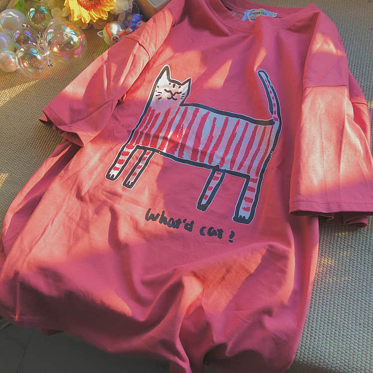 Kitty fun print short-sleeved loves T-shirt Pink / 2XL | IFAUN