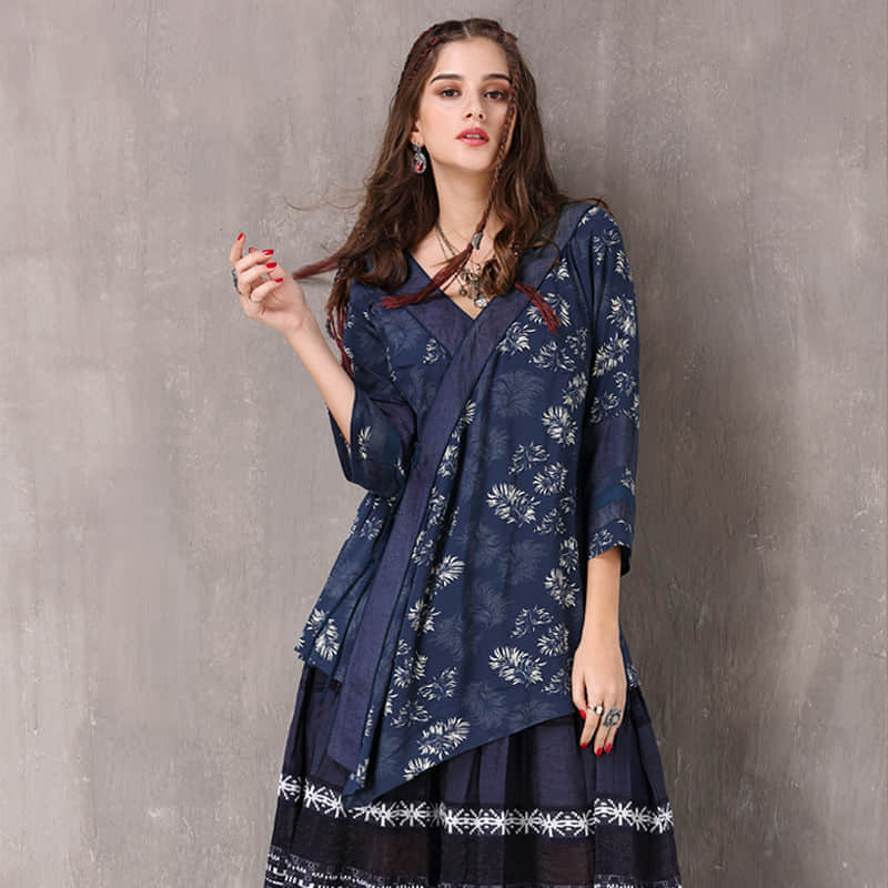 Women's loose blouse retro irregular V-neck sleeve shirt  | IFAUN