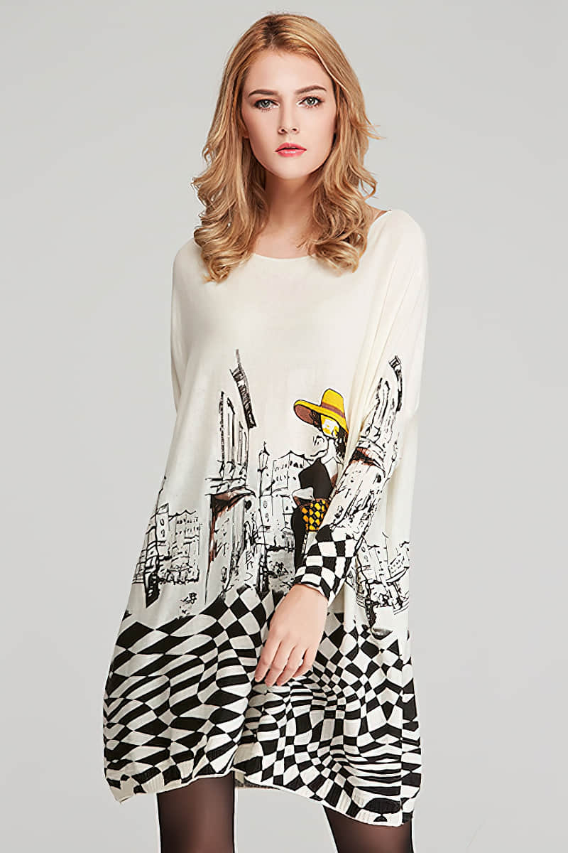 Women's plus size cartoon print pullover sweater One size / White | IFAUN