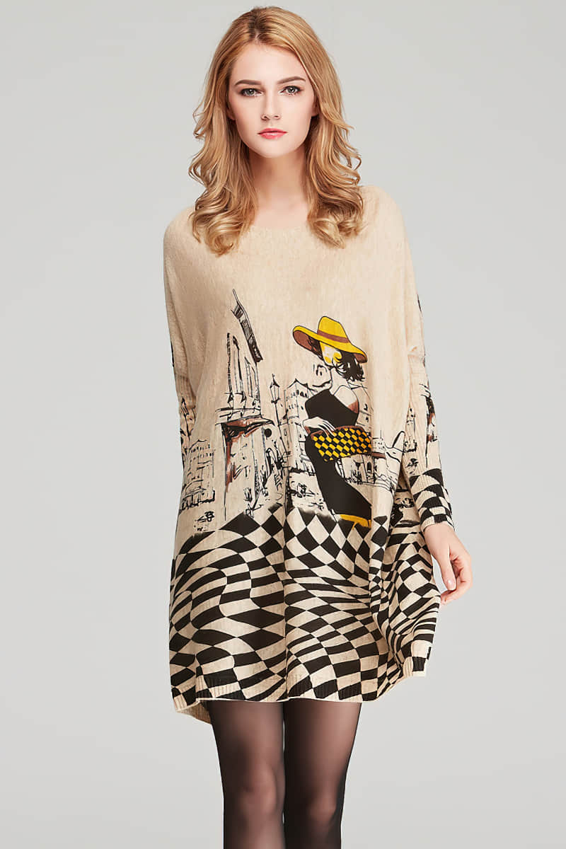 Women's plus size cartoon print pullover sweater One size / Khaki | IFAUN