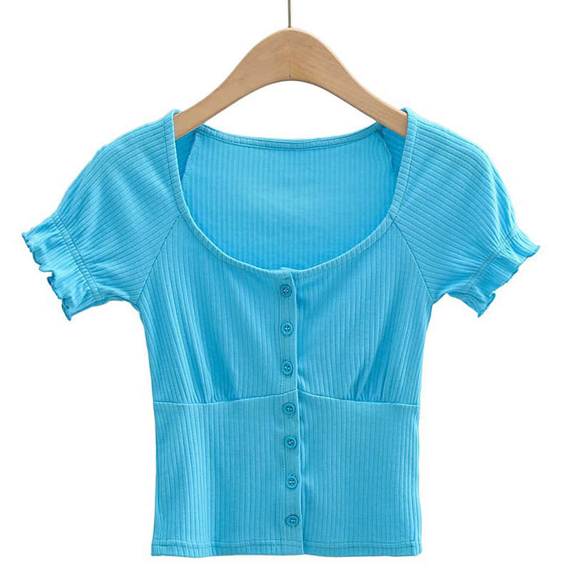Women's round neck stitching short-sleeved T-shirt Blue / M | IFAUN