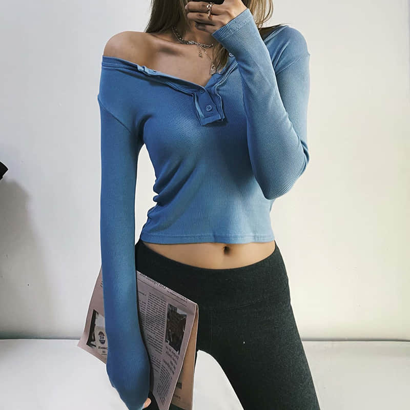 Slim round neck button bottoming shirt long-sleeved T-shirt top  | IFAUN