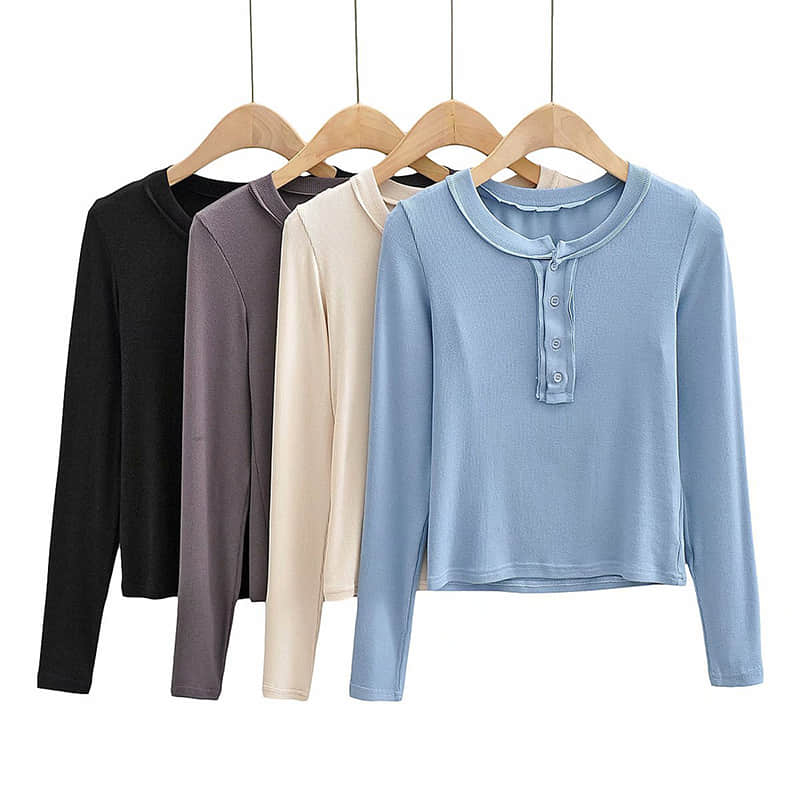 Slim round neck button bottoming shirt long-sleeved T-shirt top  | IFAUN