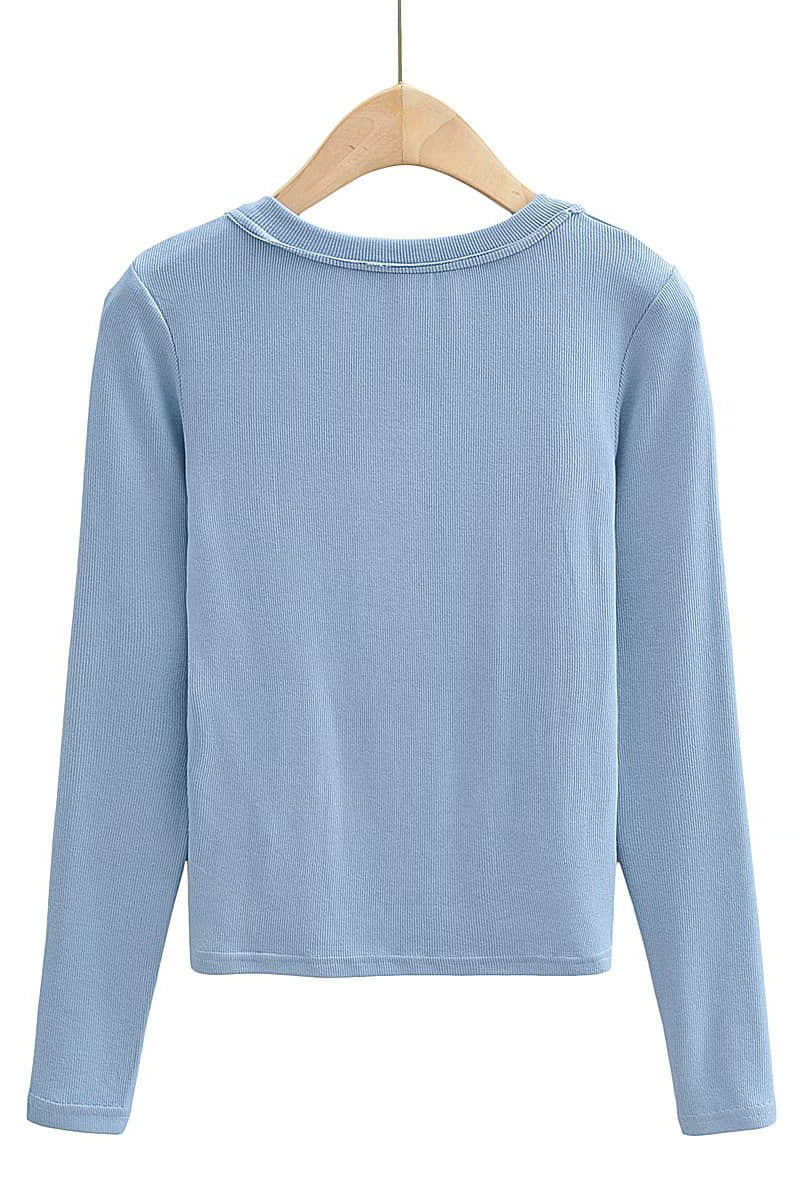 Slim round neck button bottoming shirt long-sleeved T-shirt top  | IFAUN