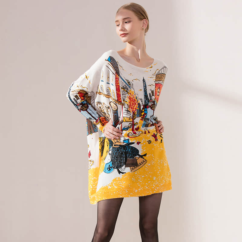 Plus size women's bat sleeve printed sweater  | IFAUN