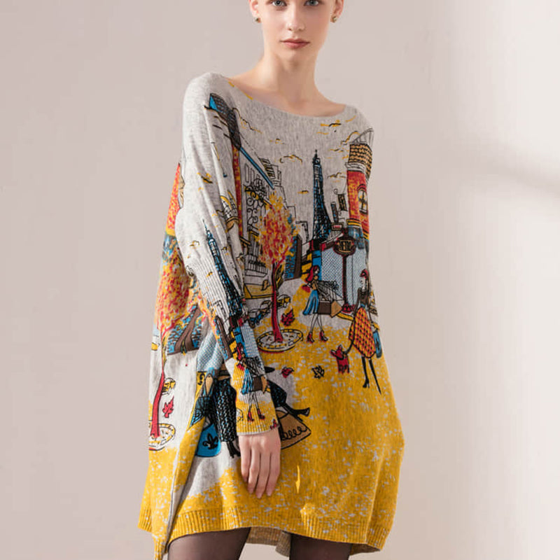 Plus size women's bat sleeve printed sweater  | IFAUN