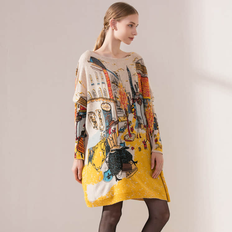 Plus size women's bat sleeve printed sweater  | IFAUN