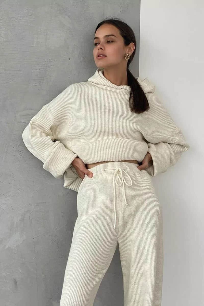Two-piece fashion sports sweater suit women White / 3XL | IFAUN