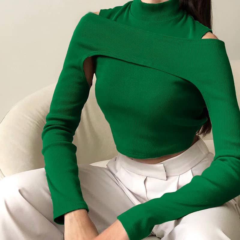 Women's long-sleeved slim off-shoulder solid color sexy T-shirt