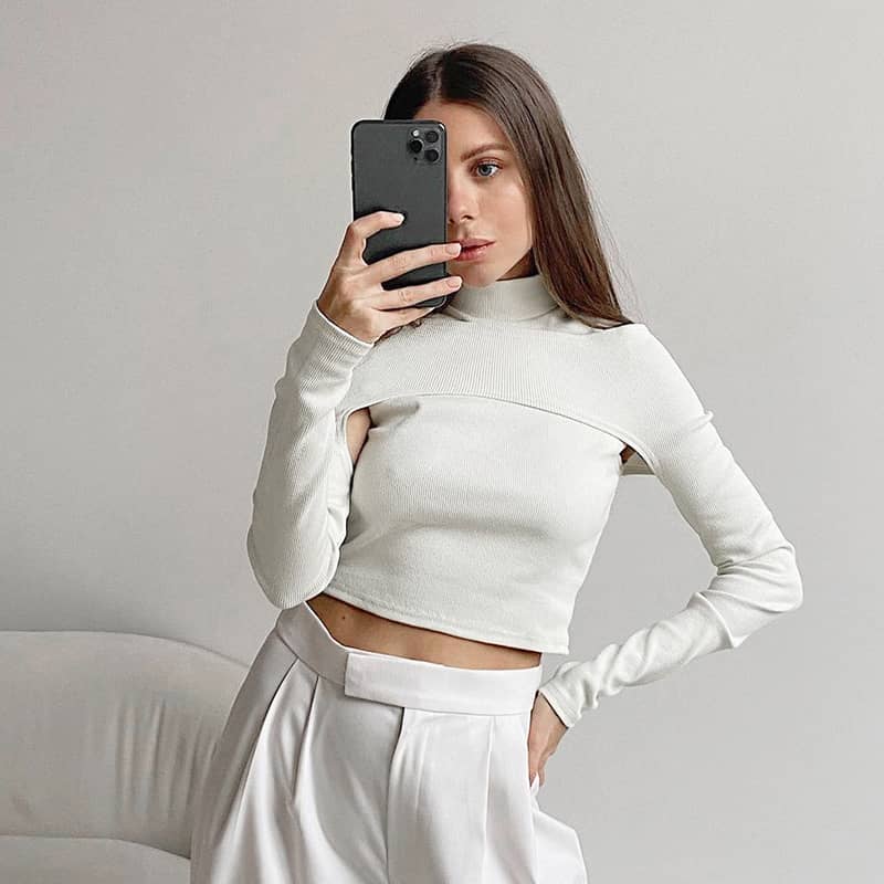 Women's long-sleeved slim off-shoulder solid color sexy T-shirt