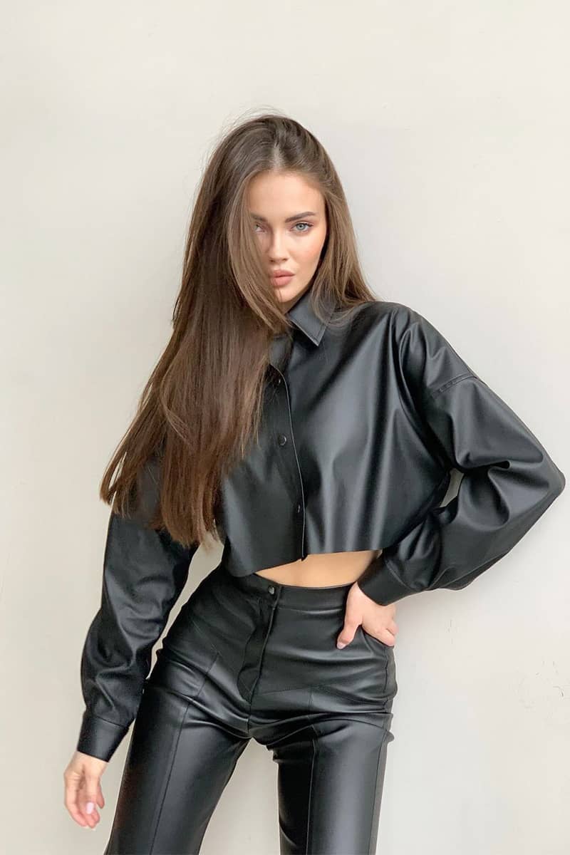 PU cropped long-sleeved shirt