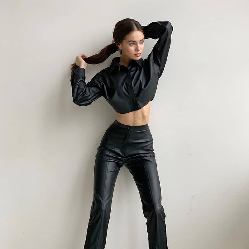 PU cropped long-sleeved shirt