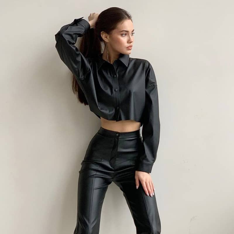 PU cropped long-sleeved shirt