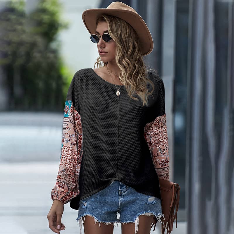 Printed stitching round neck long-sleeved T-shirt Black / M | IFAUN