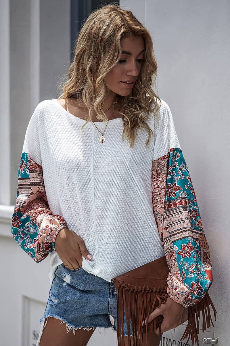 Printed stitching round neck long-sleeved T-shirt White / L | IFAUN