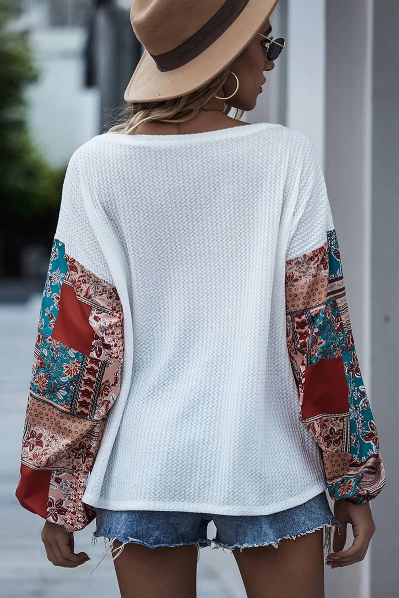 Printed stitching round neck long-sleeved T-shirt  | IFAUN