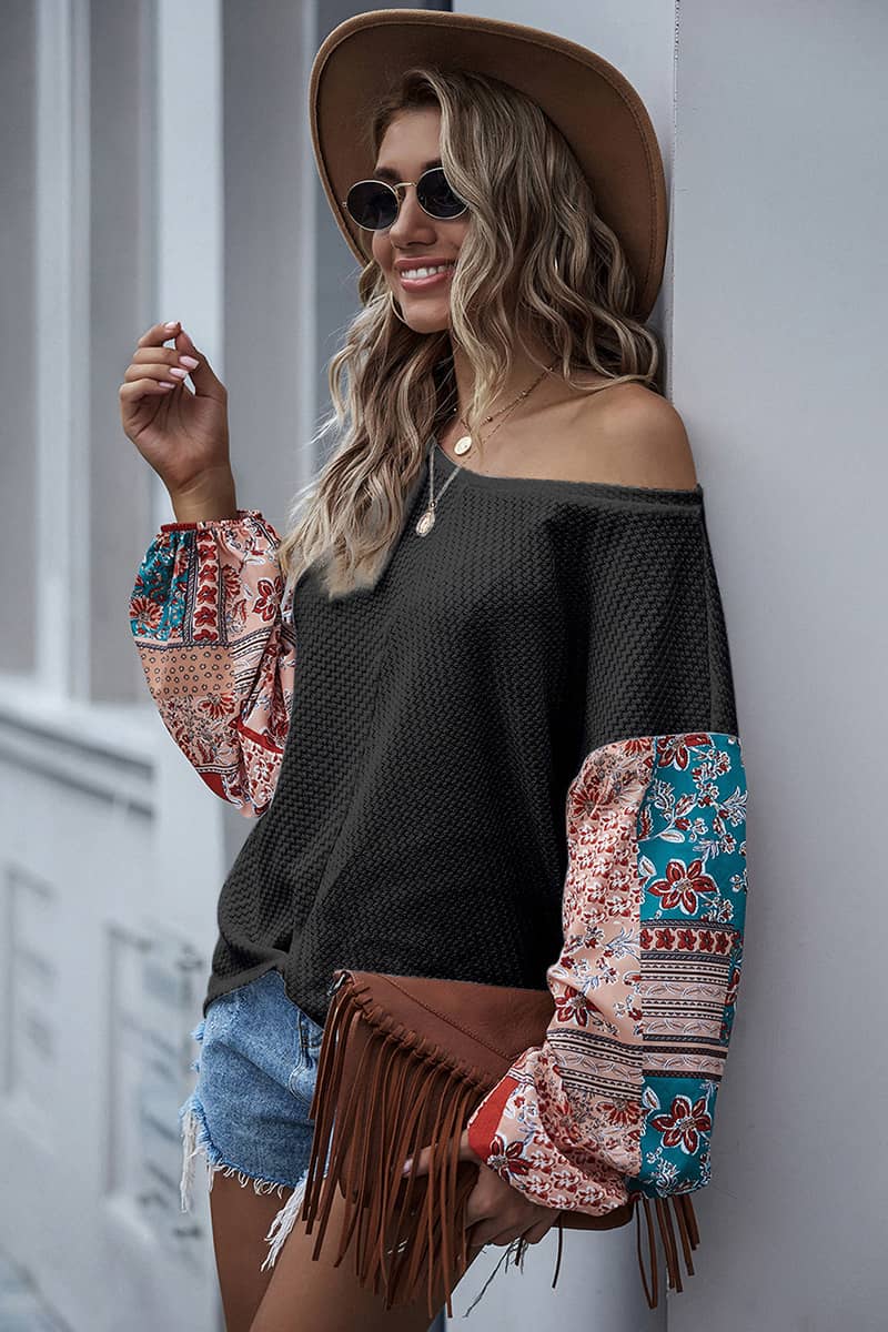 Printed stitching round neck long-sleeved T-shirt Black / XL | IFAUN